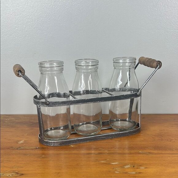 Rustic Glass Bottle Set with Metal Holder - Picture 3 of 3